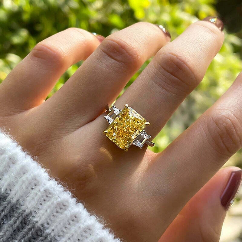 4Ct Radiant Canary Yellow Diamond Simulated Engagement Ring 14KWhite Gold Plated