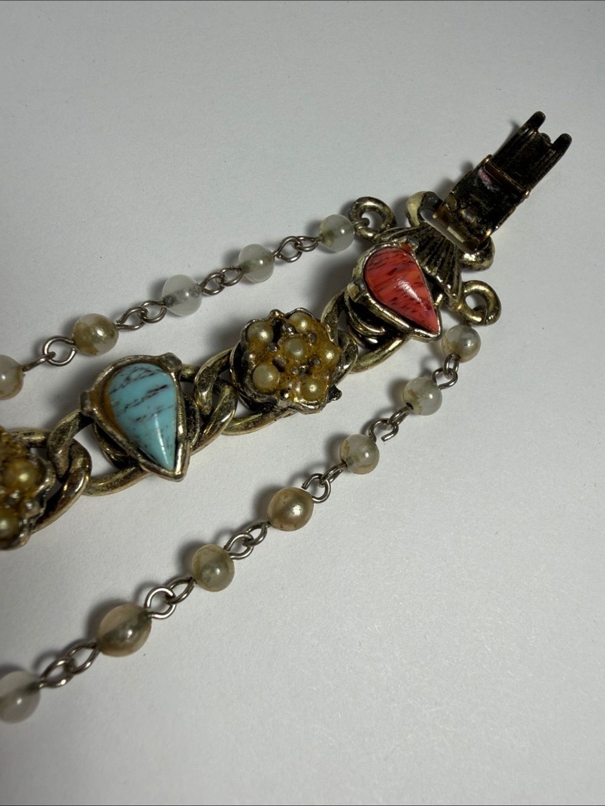 Vintage Gold Tone Faux Turquoise Coral Cabochon Bracelet Earring Set BOHO