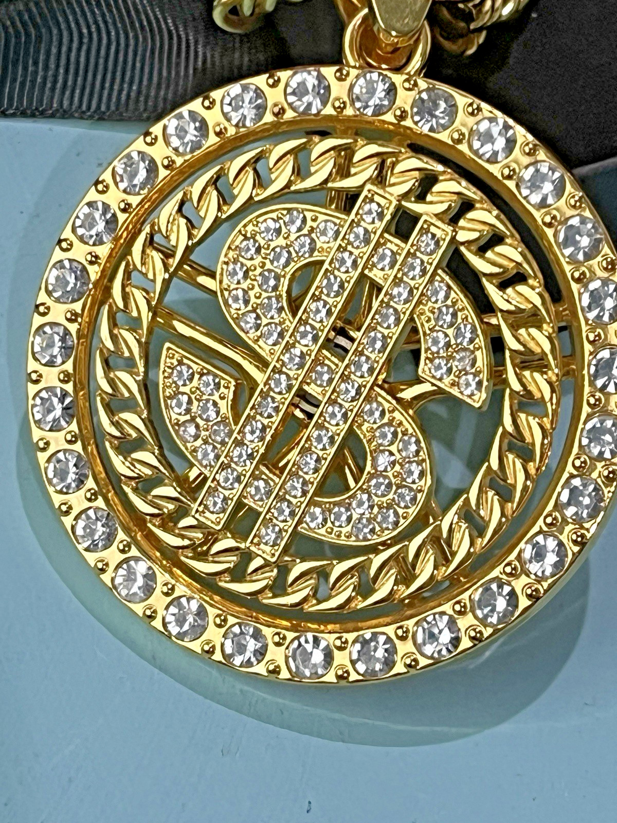 18K Gold Plate Zinc Alloy Hip Hop 28″ Spinning $ Dollar Sign Rhinestone Necklace