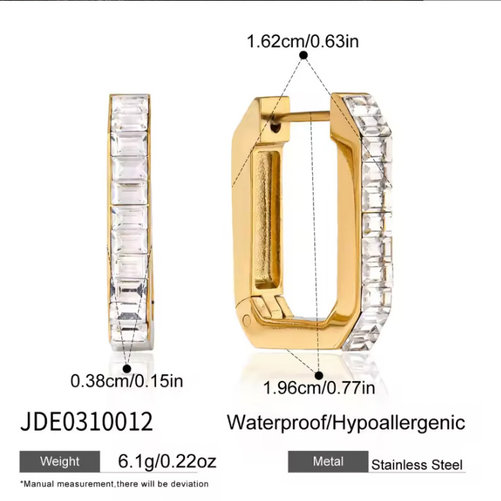 Stainless Steel Rectangle Huggie Hoop Earring Channel Set CZ Silver Gold