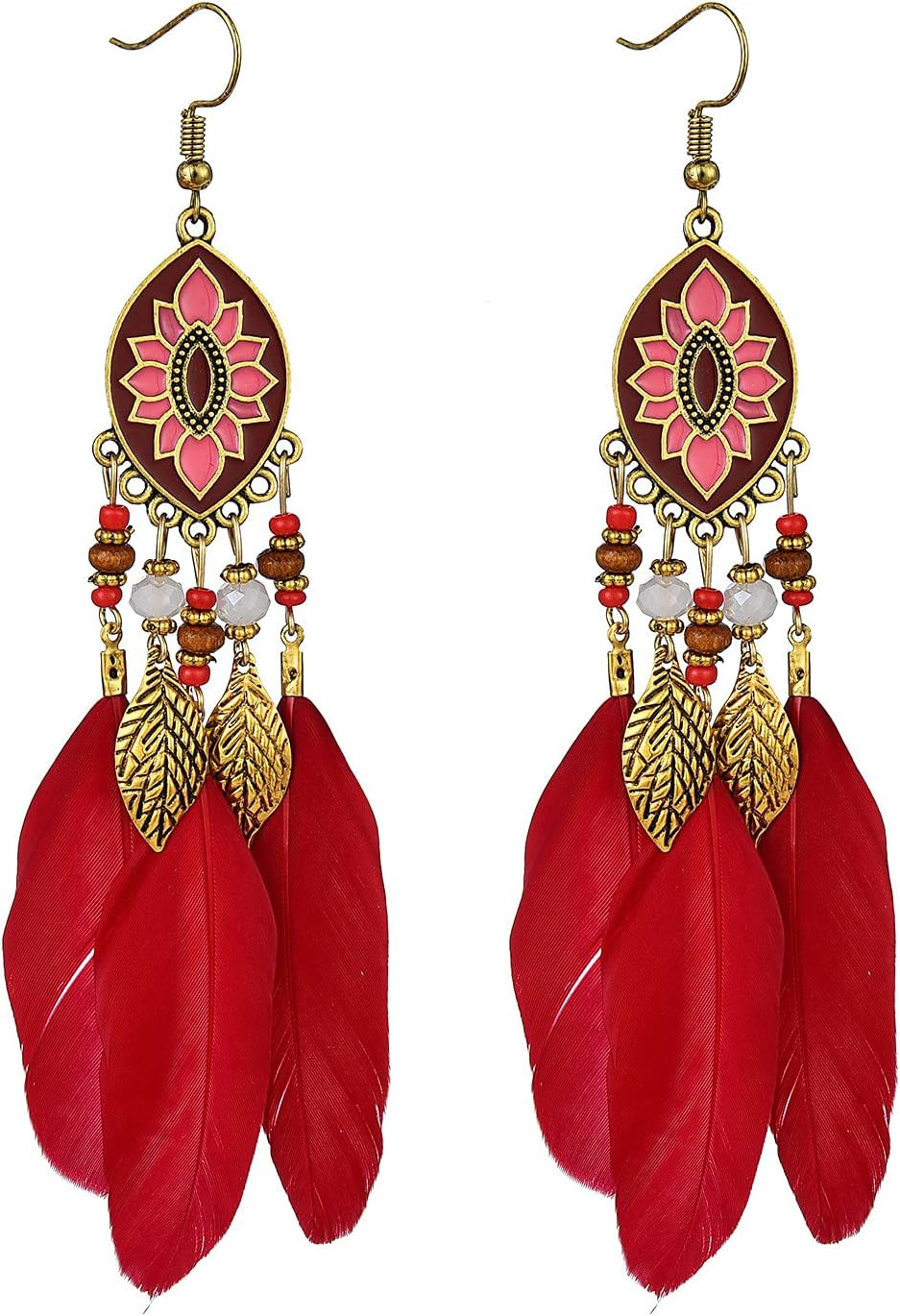 Boho Long Feather Drop Dangle Earrings for Women Retro Bohemian Ethnic Fringe Mu