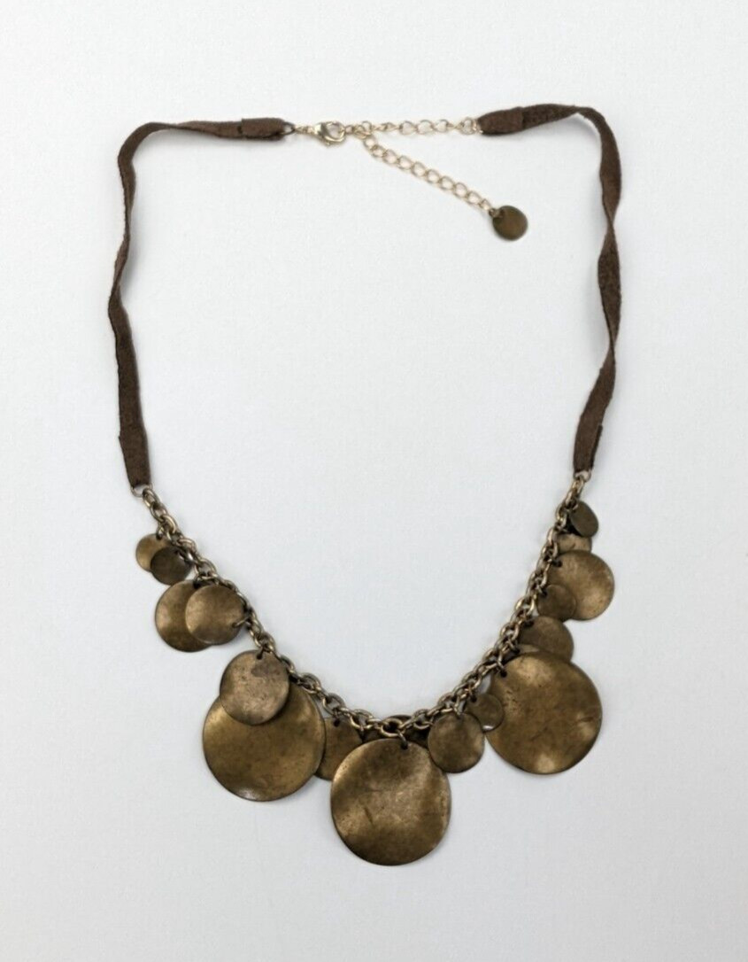 Hammered Brass Multi Size Disc Pendants Faux Leather Adjustable Collar Necklace