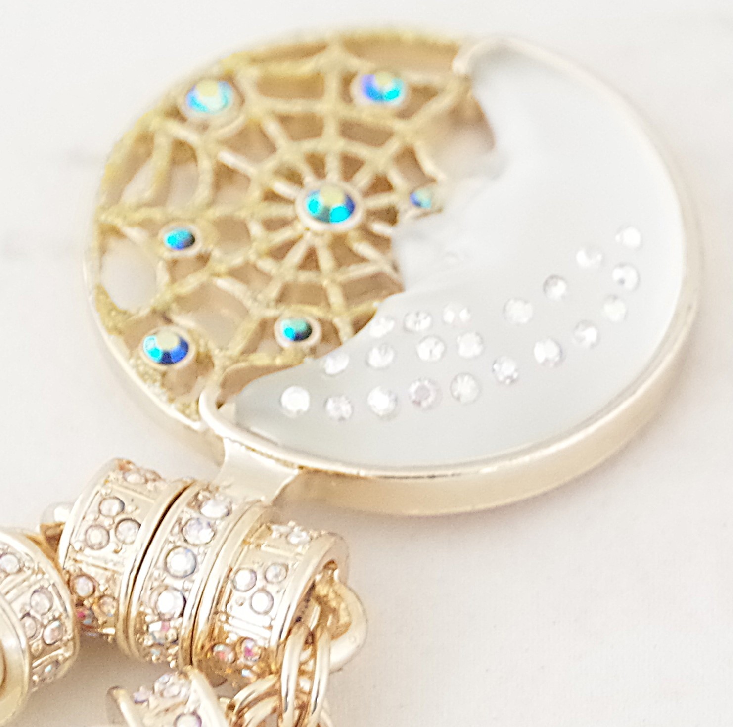 KIRKS FOLLY AB CRYSTAL RHINESTONE WHITE MOON/ DREAM CATCHER ENHANCER NECKLACE