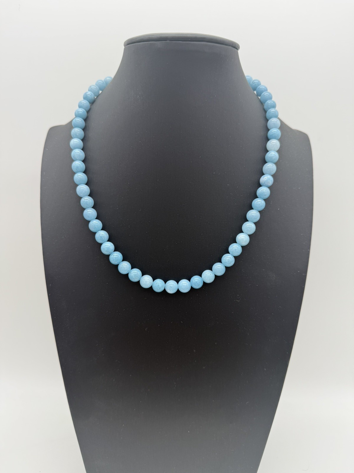 Natural Blue Brazilian Aquamarine Gems Round Beads Necklace Sterling Silver 925