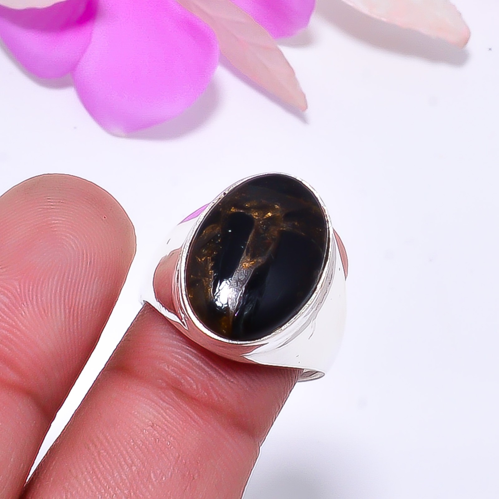Copper Black Obsidian 925 Sterling Silver Ring S.8 R11526