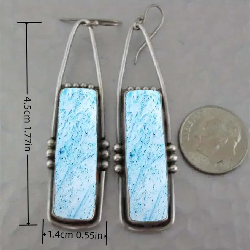 RETRO BOHO STYLE RECTANGLE CUT BLUE RESIN FLAKE MOSAIC DANGLE EARRINGS