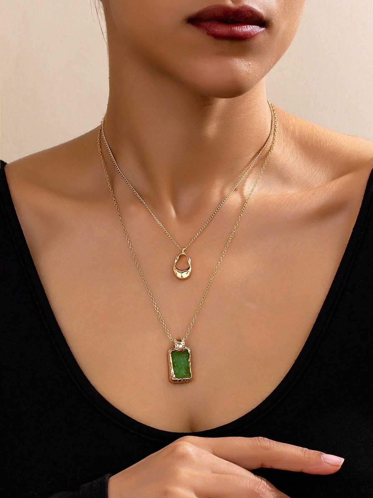 Layered Druzy Stone Pendant Necklace Gold Plated Stainless Steel Boho Women