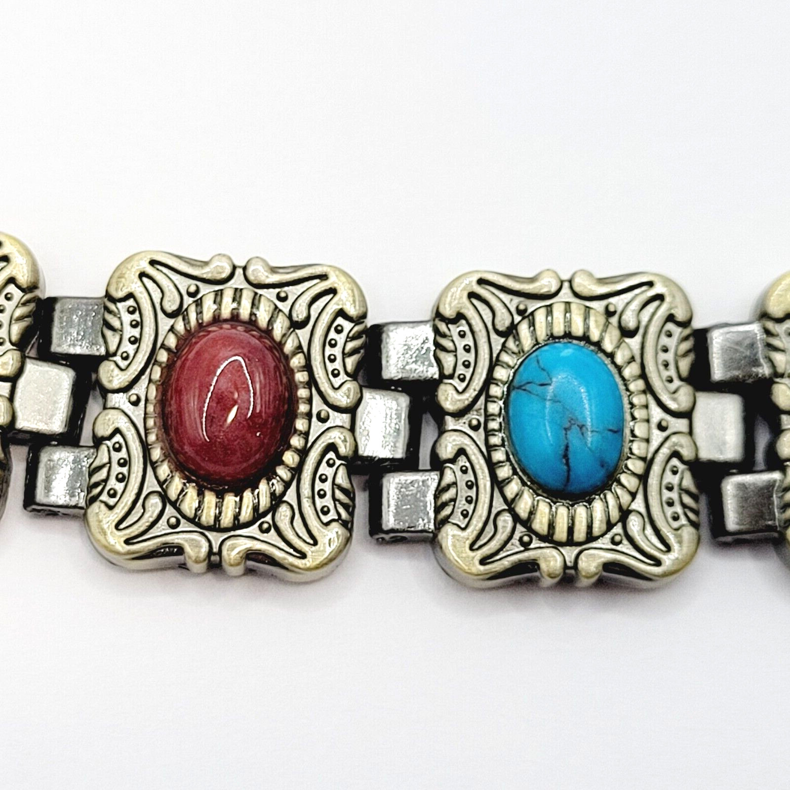 Ornate Western Style Multi Color Faux Gemstone Muted Gold Silver Tone Bracelet