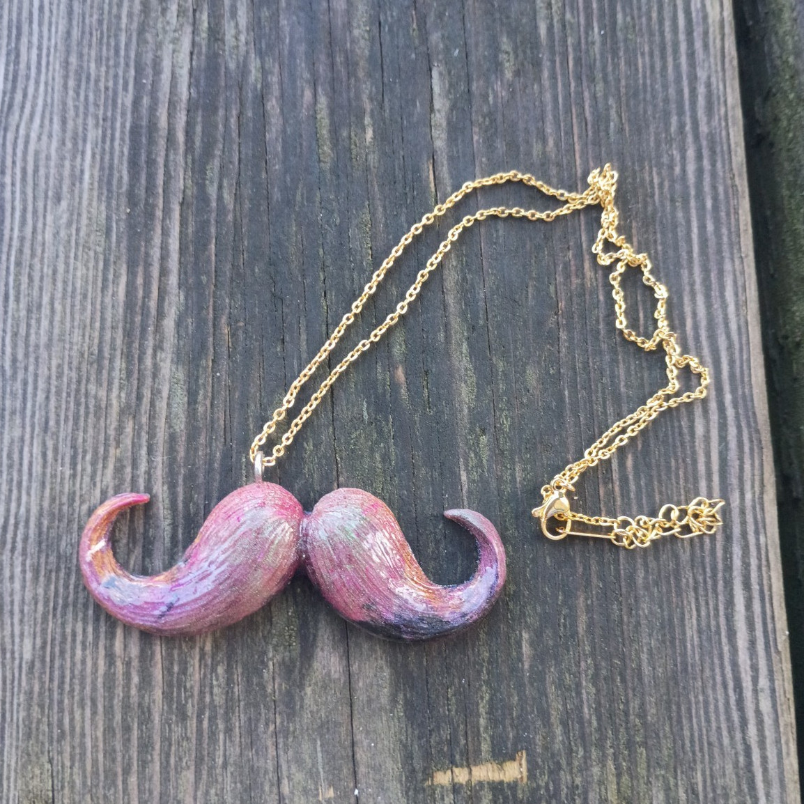 Mustache Charm Pendant Necklace Gold-Tone Cable Chain Purple Lobster No Stone
