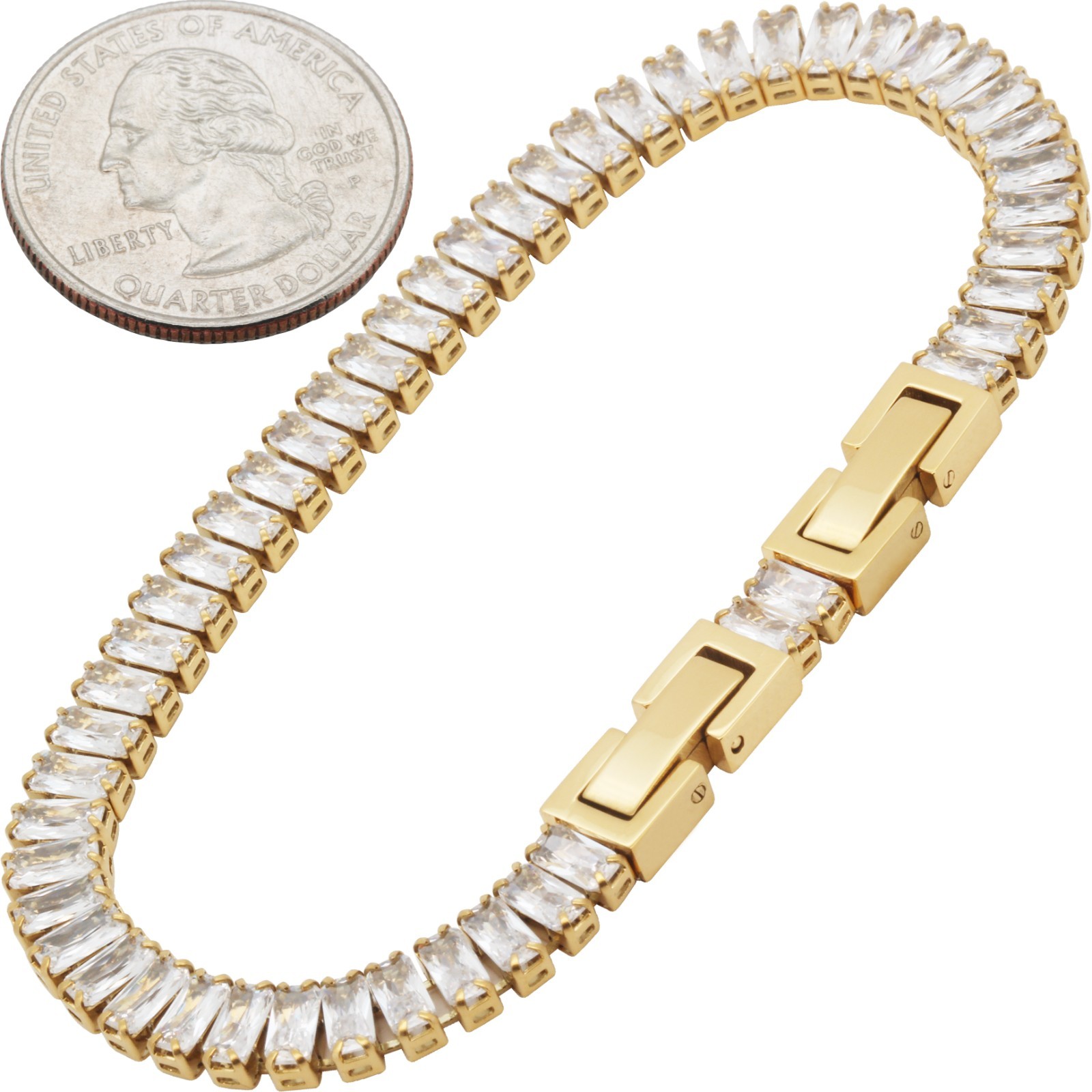 316L Stainless Steel 18k GP AAA CZ 5mm Baguette Cut Tennis Bracelet 6.5”-7.5”