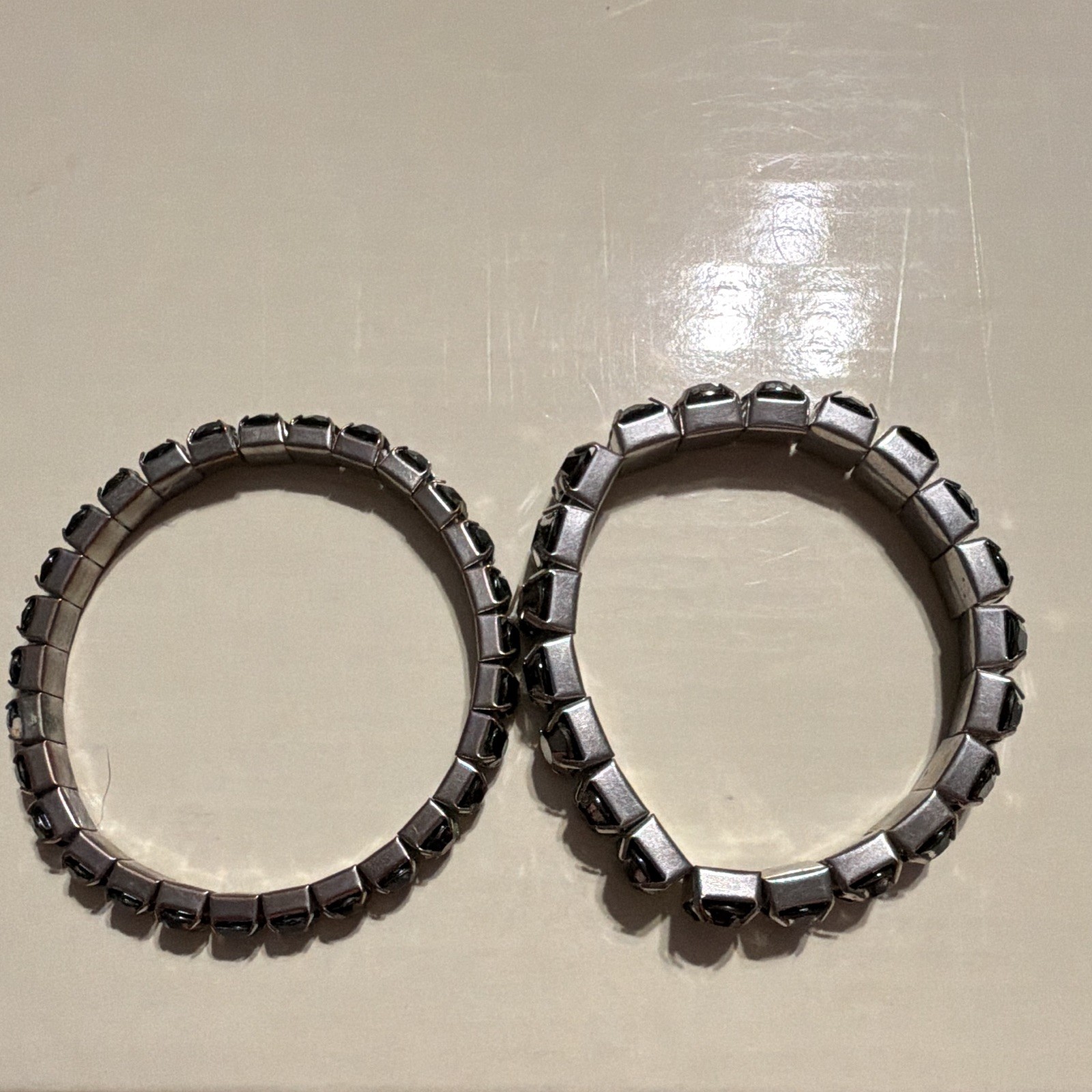 Silver Tone Stretch Tennis Bracelets Lot of 2 Black Round Rhinestones Prong Set
