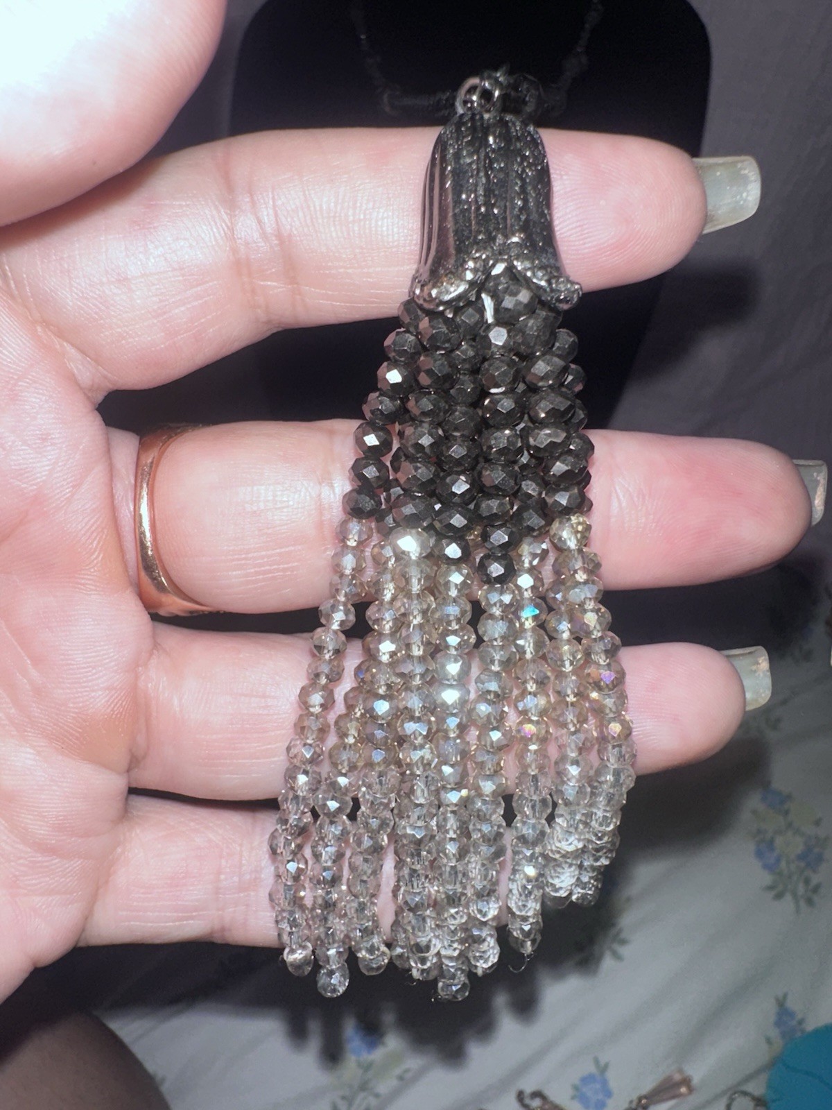 Silver Tone Gray Crystal Tassel Pendant Necklace Cable Chain Adjustable Lobster