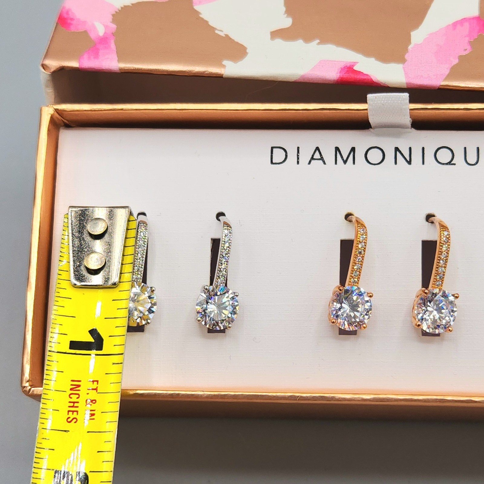 NIB 3 Pair Diamonque CZ Tri Color Gold Clad Sterling Silver Leverback Earrings