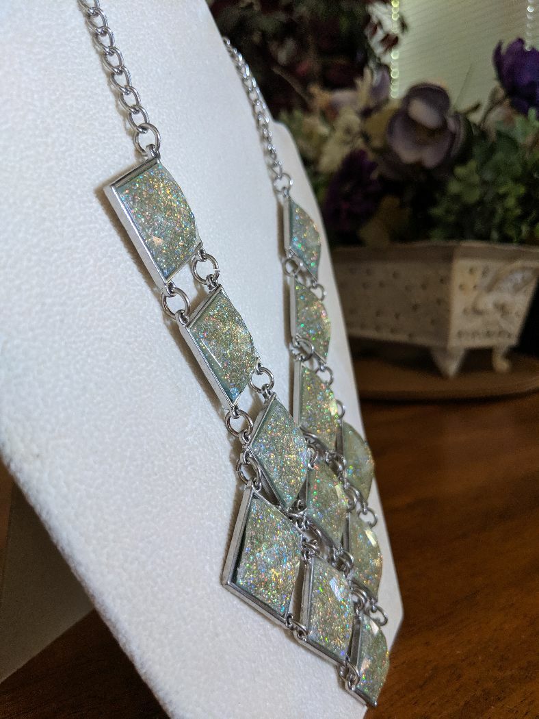 Multi Color Sparkle 12-Diamond Shapes in Graduated Bold Bib Necklace