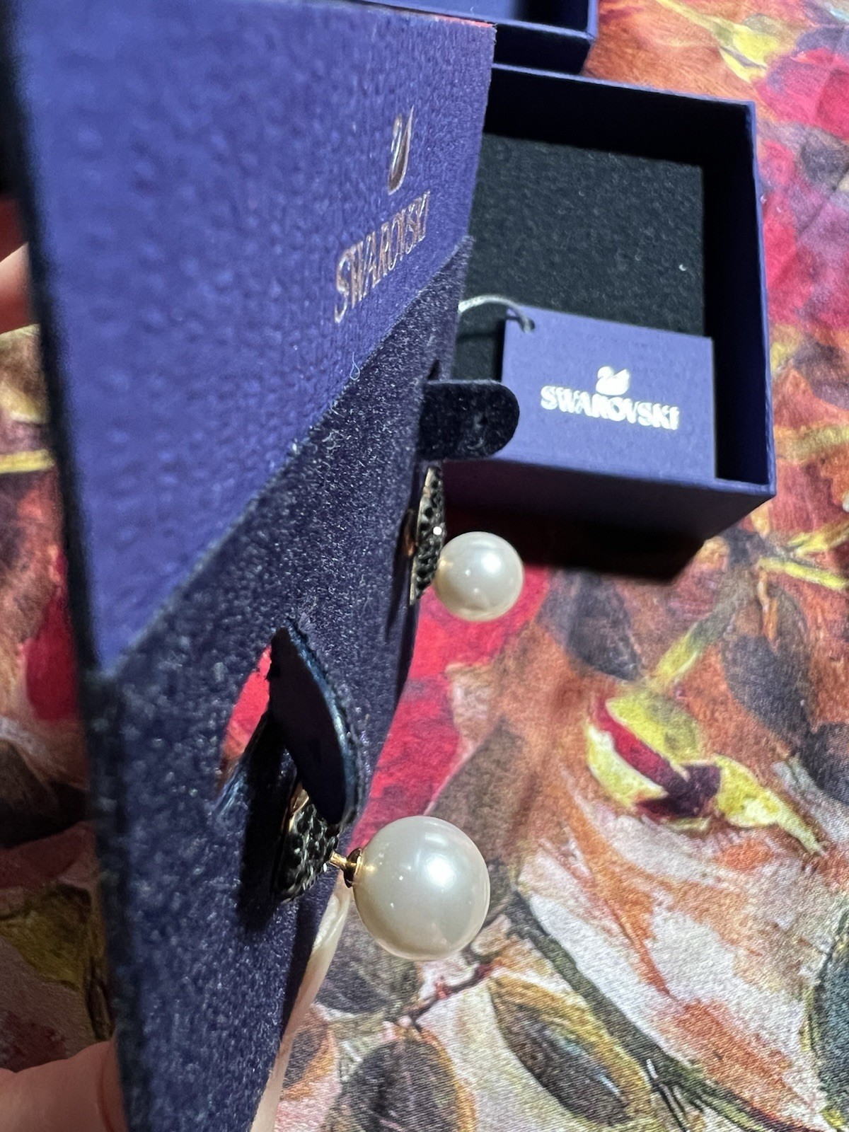 Swarovski Iconic Swan Jacket Stud Earrings Black Crystal Simulated Pearl w Box