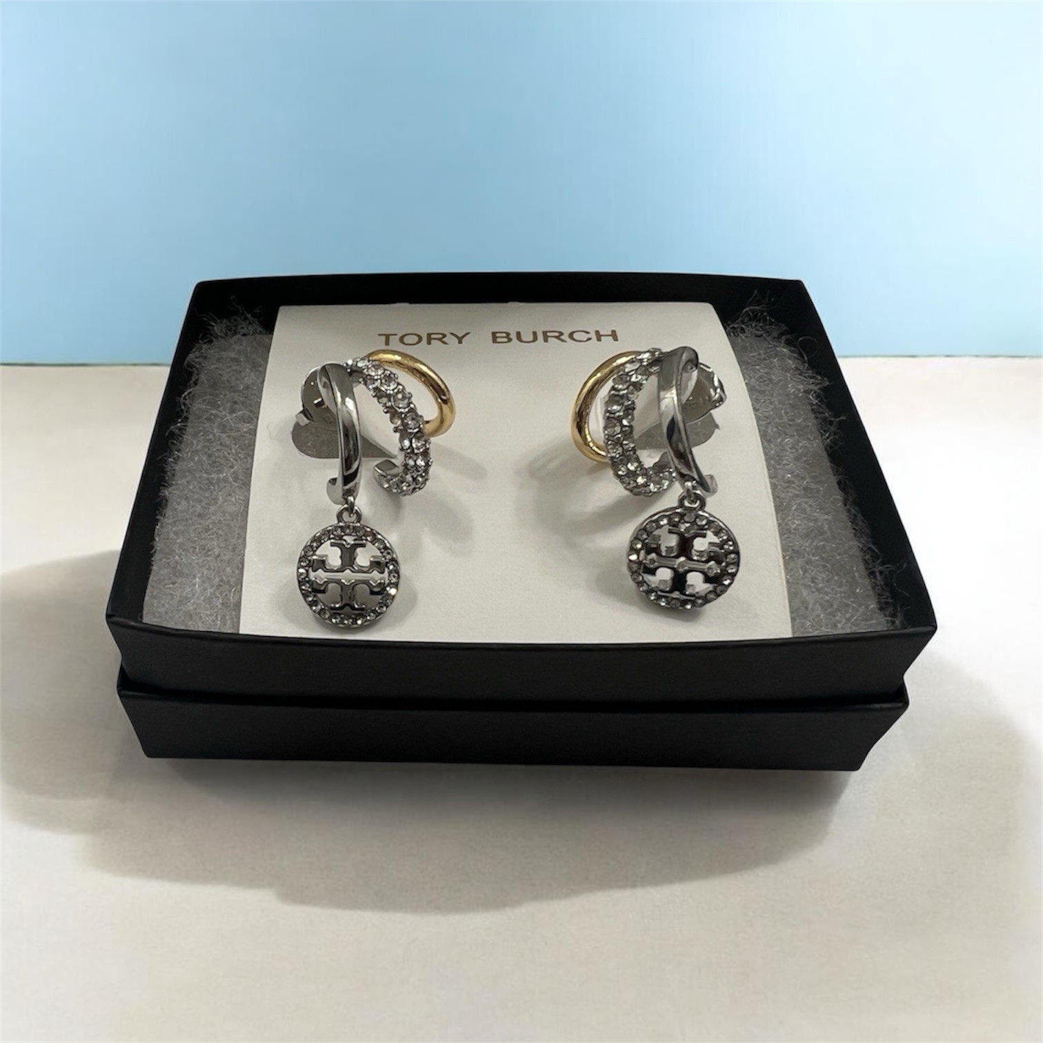 Tory Burch Silver & Gold Tone Crystal Pavé Dangle Clip-On Logo Earrings
