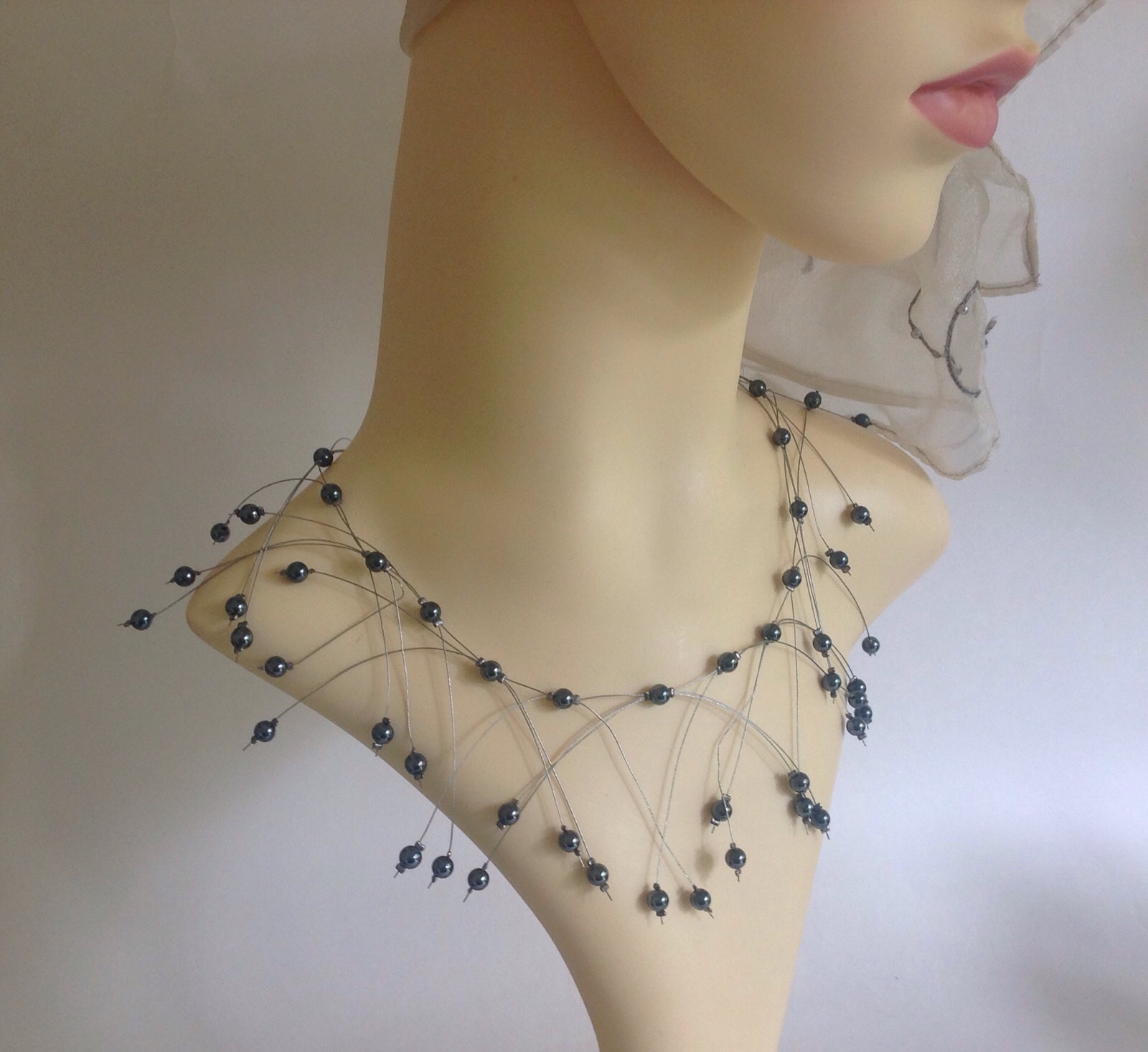 Handmade Delicate 16 Inch Necklace With Glass Pewter Beads And Steel Wire