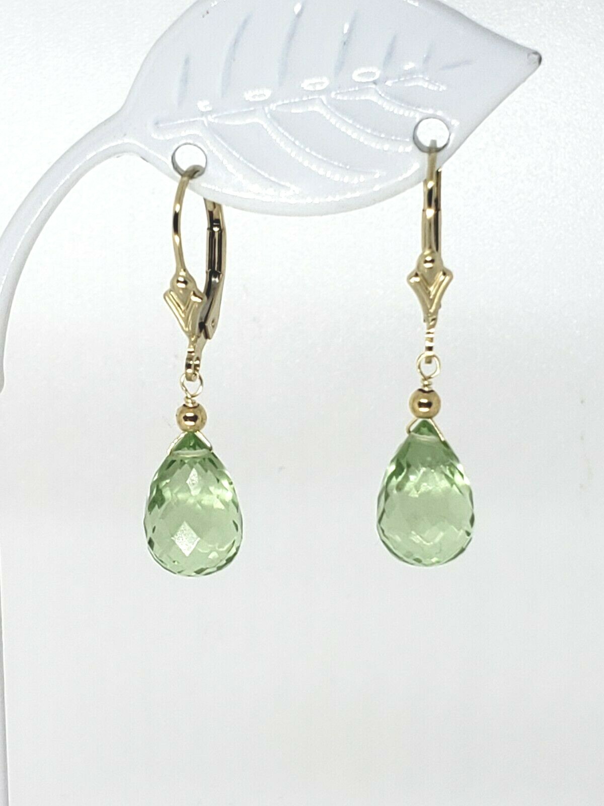14k Yellow Gold Filled Faceted Green Amethyst Briolette Drop Dangle Earrings