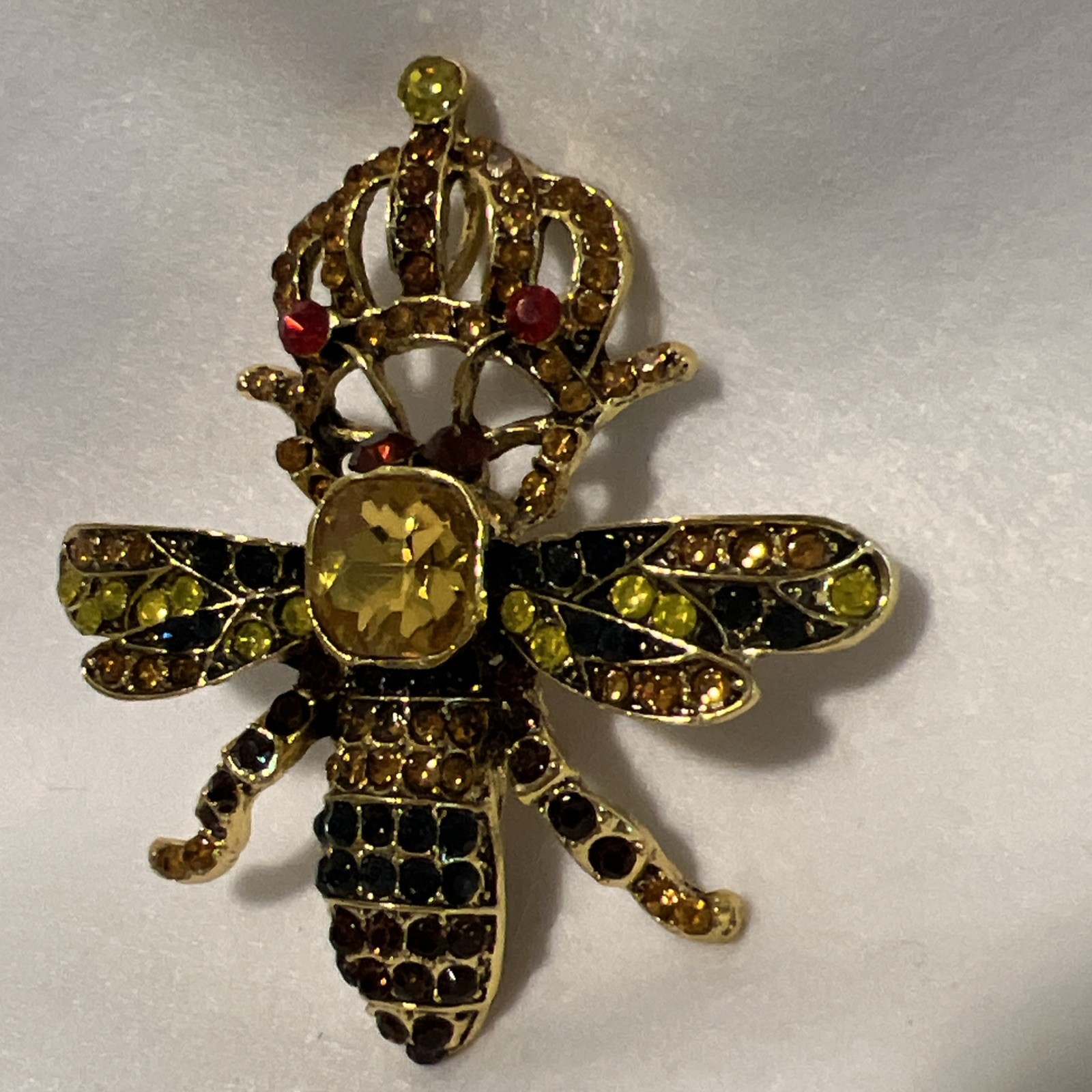 Queen Bee Brooch Crown Gold Tone Insect Pin Red Yellow Blue