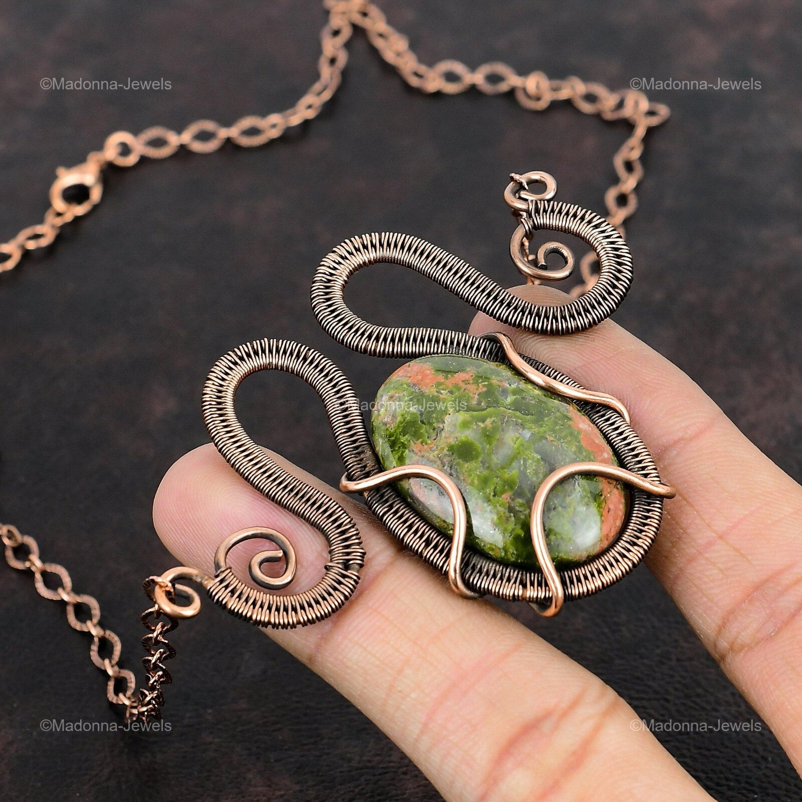 Copper Natural Unakite No Stone Chain Sister Wire Wrapped Engagement Necklace