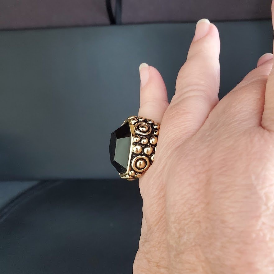 Gold Tone Hexagon Black Stone Statement Cocktail Ring Size 8.5 Ornate Beaded