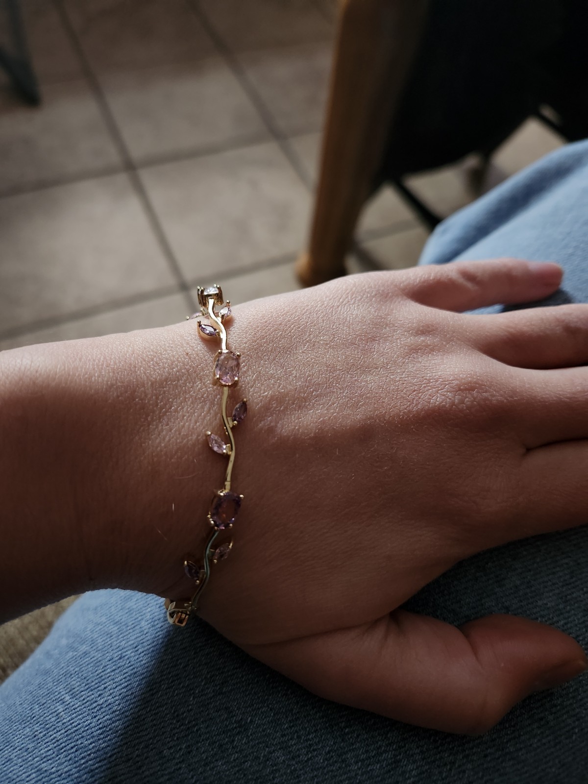 Gold Tone Tennis Bracelet Pink Purple Clear Stones Leaf Nature Theme
