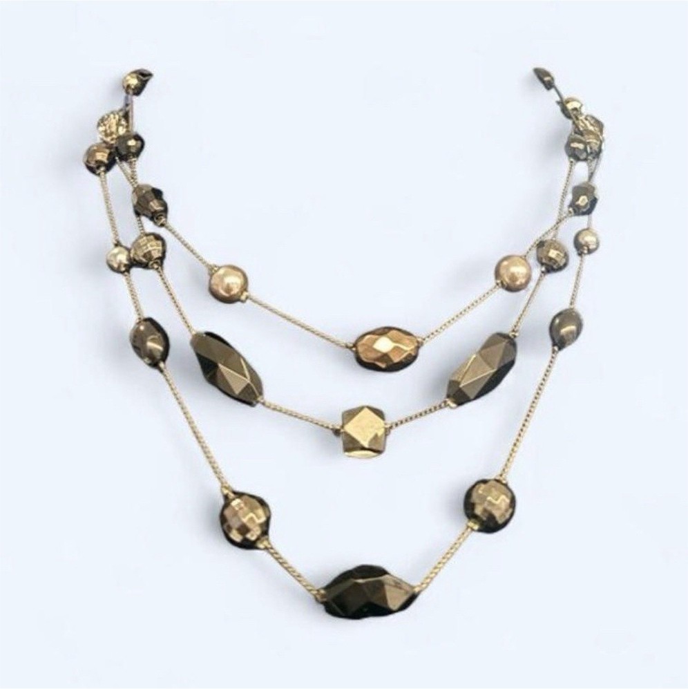 Gold Tone Multi-Strand Layered Beaded Necklace w/ Black & Pearl-Color Beads