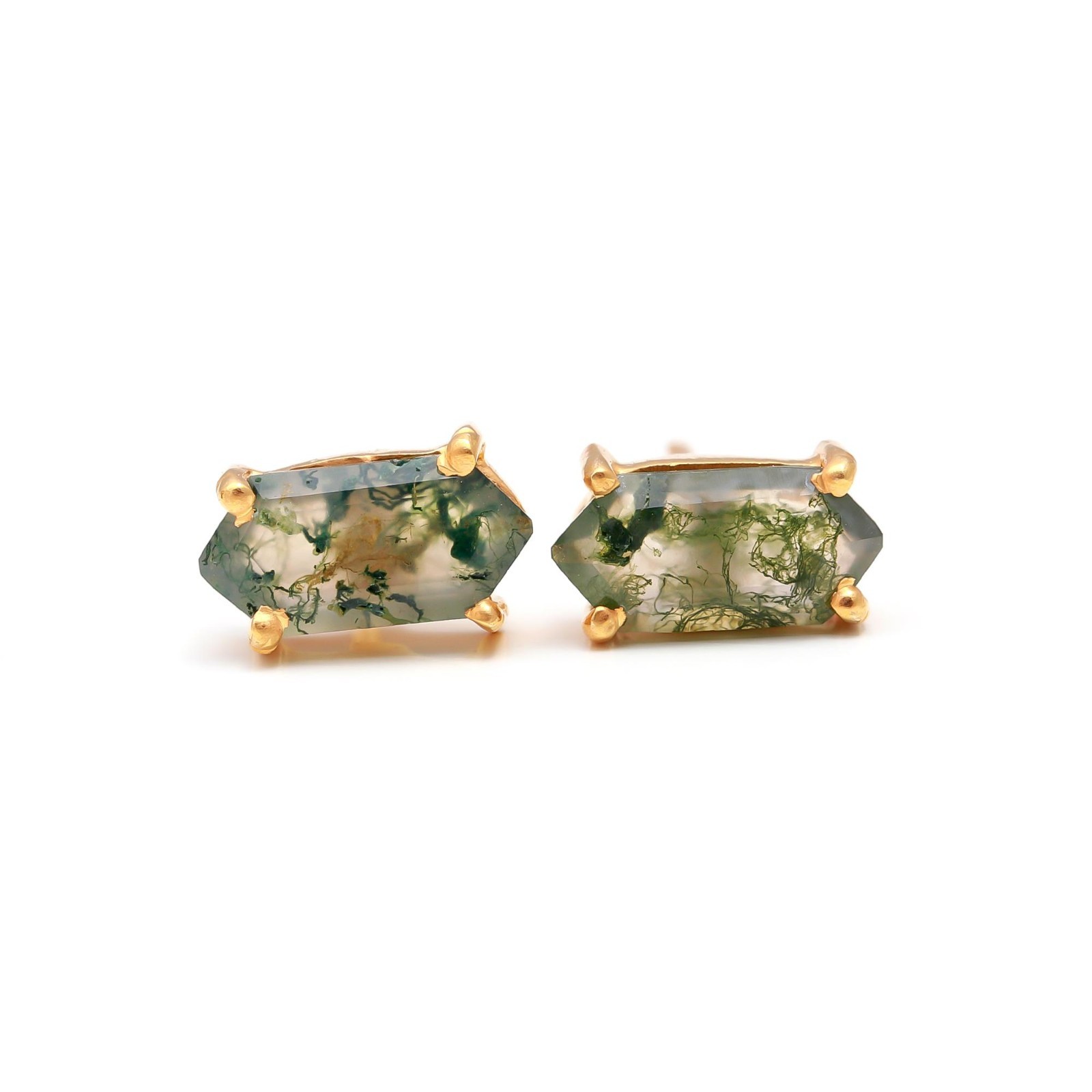 Natural Moss Agate Hexagon Stud Earrings Gold Plated 925 Sterling Silver Jewelry