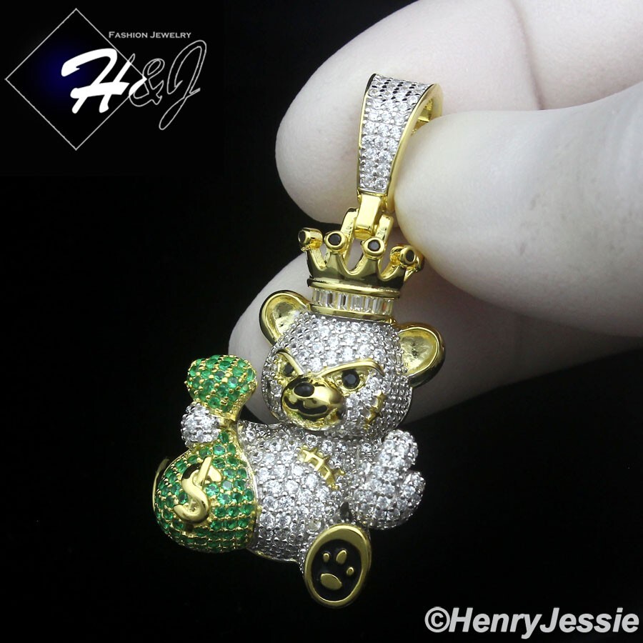 925 STERLING SILVER ICY BLING CZ GOLD PLATED 3D HIPHOP BEAR KING PENDANT*GP482