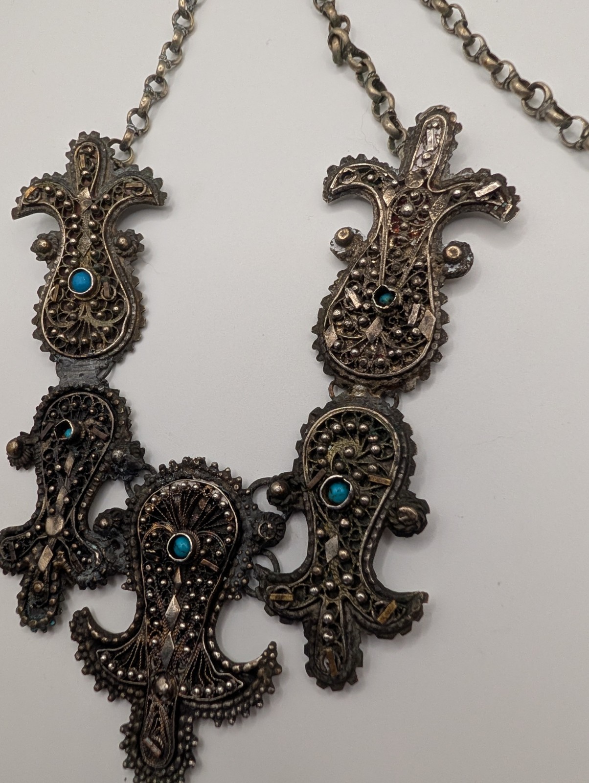Vintage Middle Eastern Style Filigree Bib Necklace Blue Glass Cabochons
