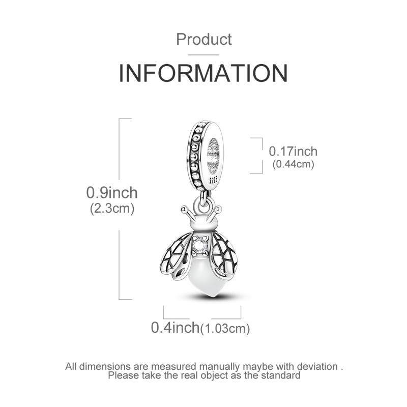 PANDACH Sterling Silver Glow-in-the-Dark Firefly Charm For Bracelet Pendants DIY