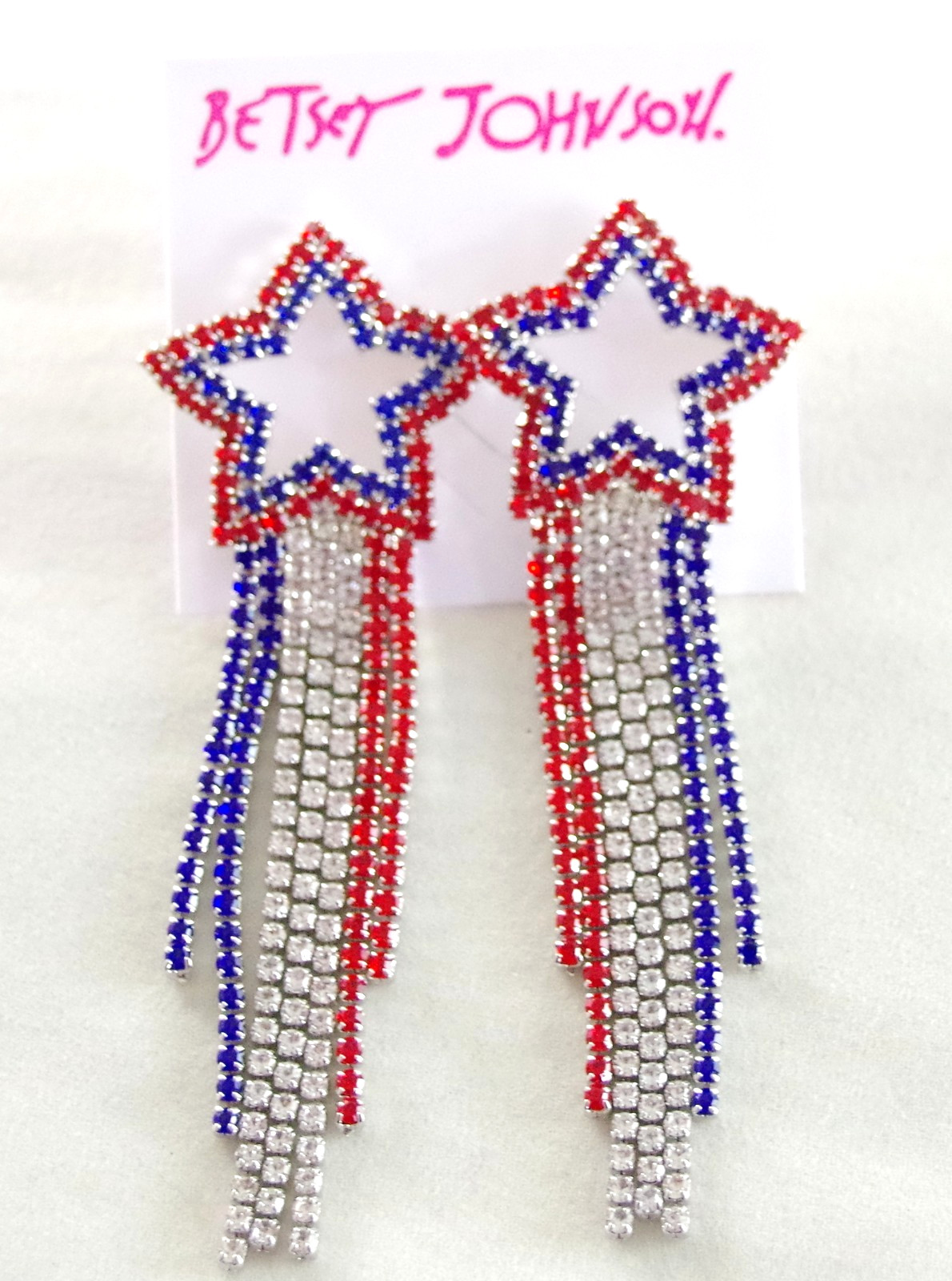 4″ Prong-Set Rhinestones! NWOT BETSEY JOHNSON PATRIOTIC DANGLE STAR EARRINGS