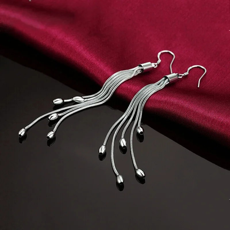 Womens 925 Sterling Solid Silver Long Tassel Drop Dangle Hook Fashion Earrings