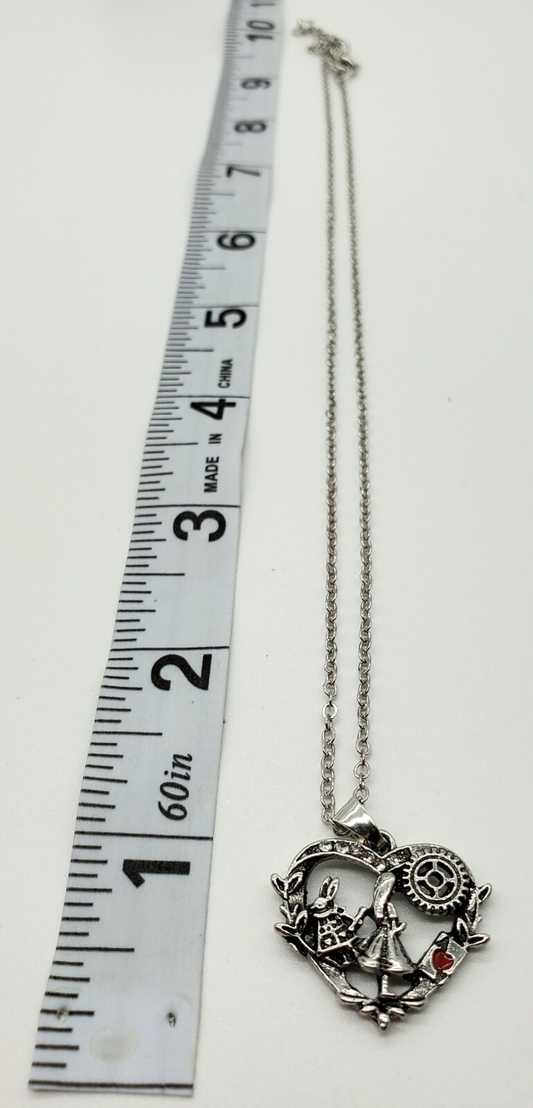 Fairytale Alice Heart Charm Pendent Necklace Silver Tone Rhinestone Gift New