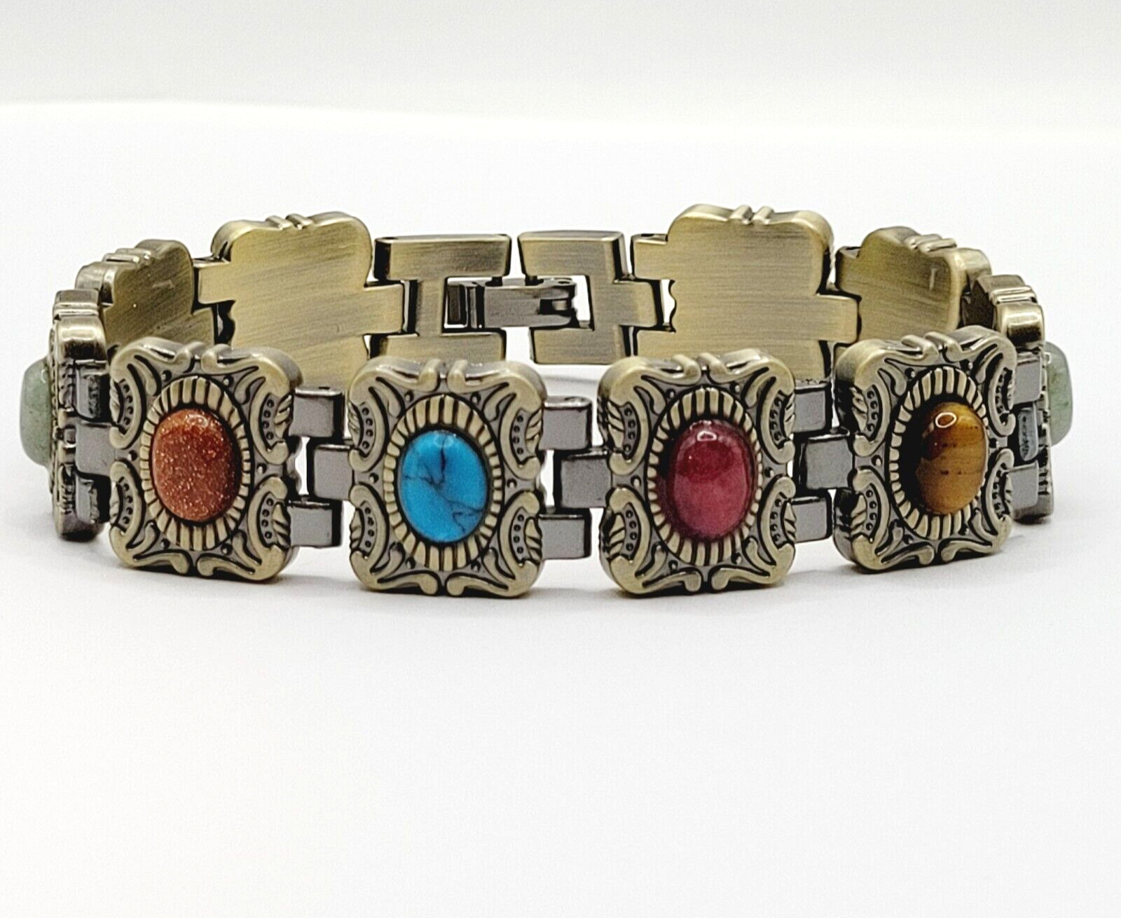 Ornate Western Style Multi Color Faux Gemstone Muted Gold Silver Tone Bracelet