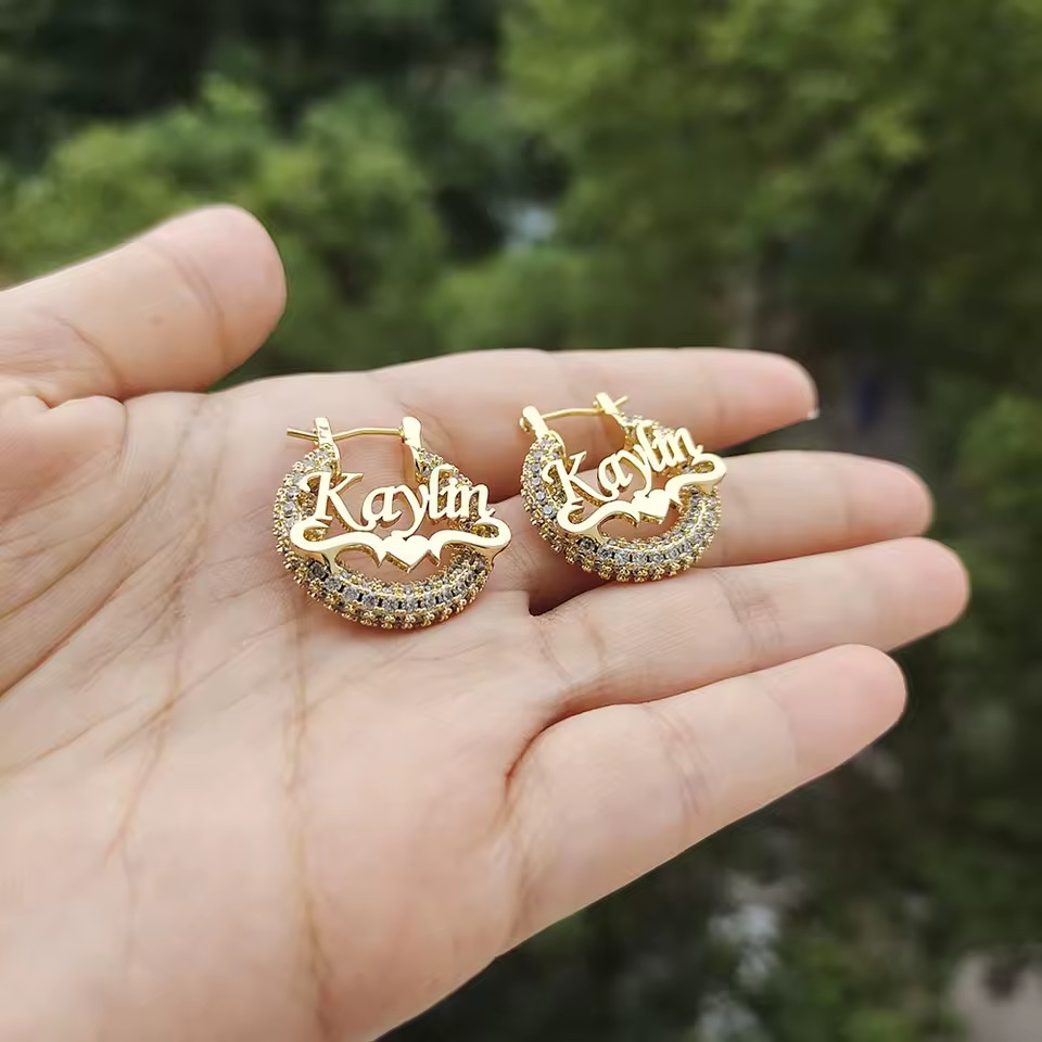 Customized Name 22mm Hoop Earrings Jewelry Women Stainless Steel Heart Zirconia