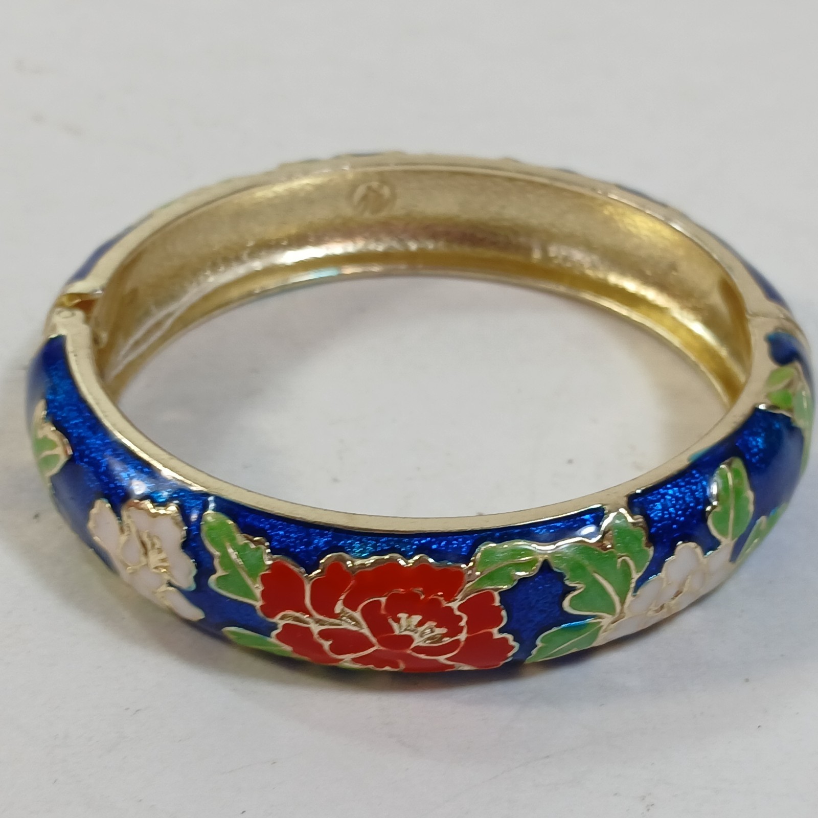 Signed Jiu Long Xing Blue Cloisonné Hinged Bracelet Enamel, Blue Bangle Floral