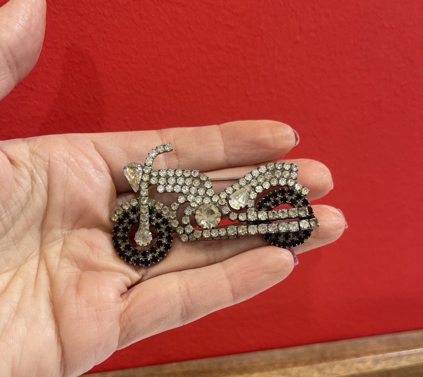 Vintage Rhinestone Motorcycle Brooch Unsigned Attributed To Dorothy Bauer