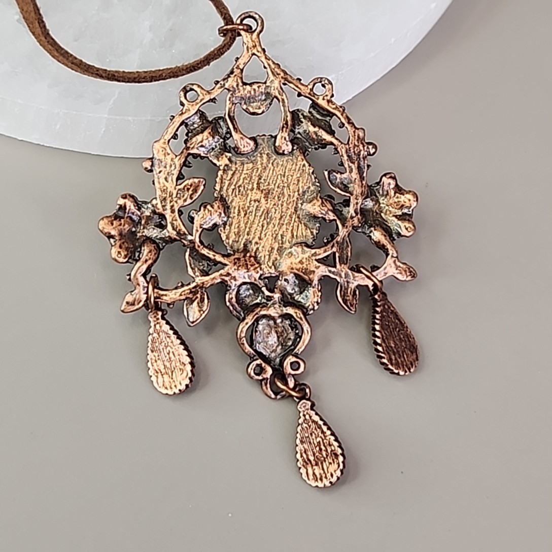 Art Nouveau Revival Pendant Necklace Speckled Oval Brown Suede Cord 20″