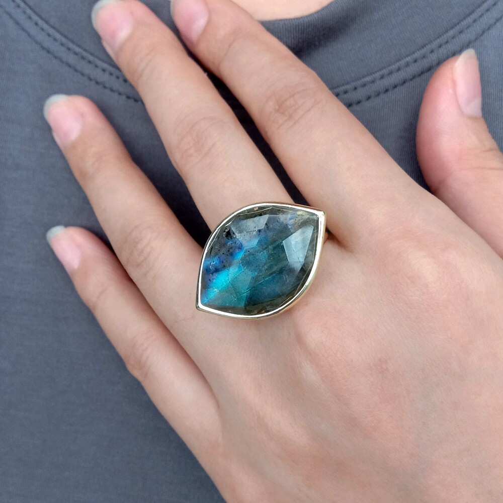 7.5″ Marquise Labradorite Finger Ring Adjustable Gold Plated Wedding Jewelry