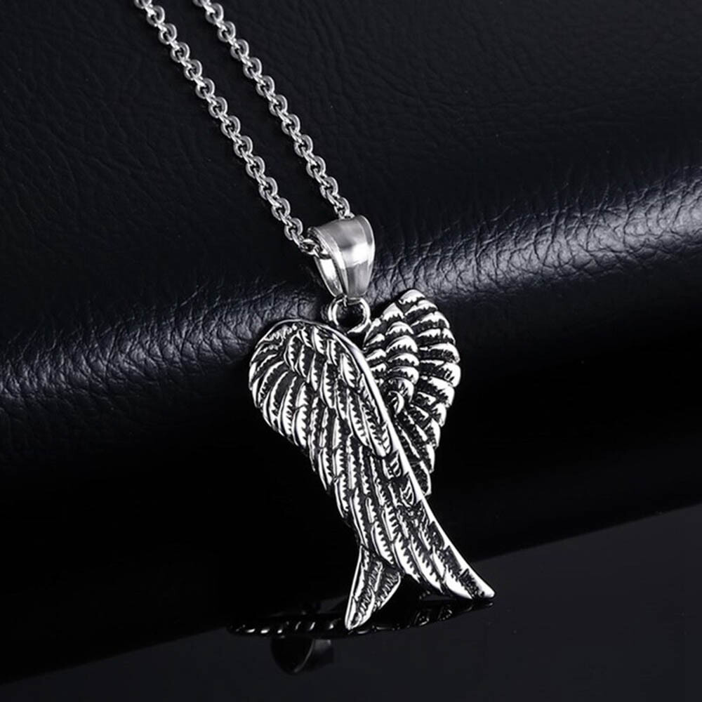 Gothic Double Angel Wings Pendant Necklace Antique Silver Tone w 23″ Link Chain