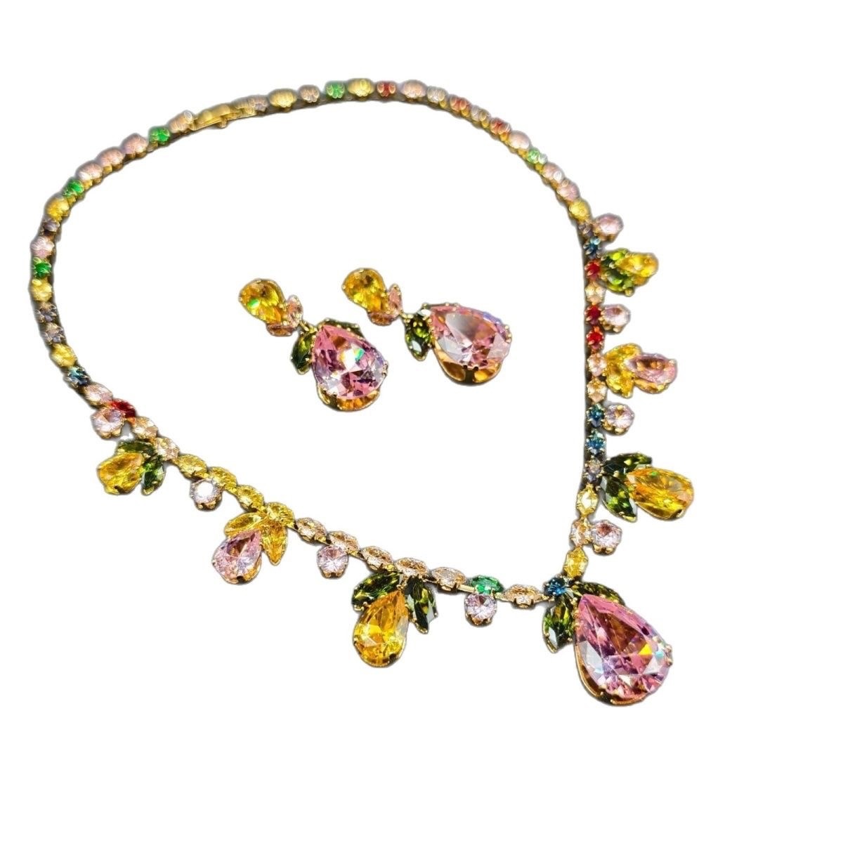 Multicolor Crystal Statement Necklace&Earrings Set Gold-Tone Floral Teardrop New