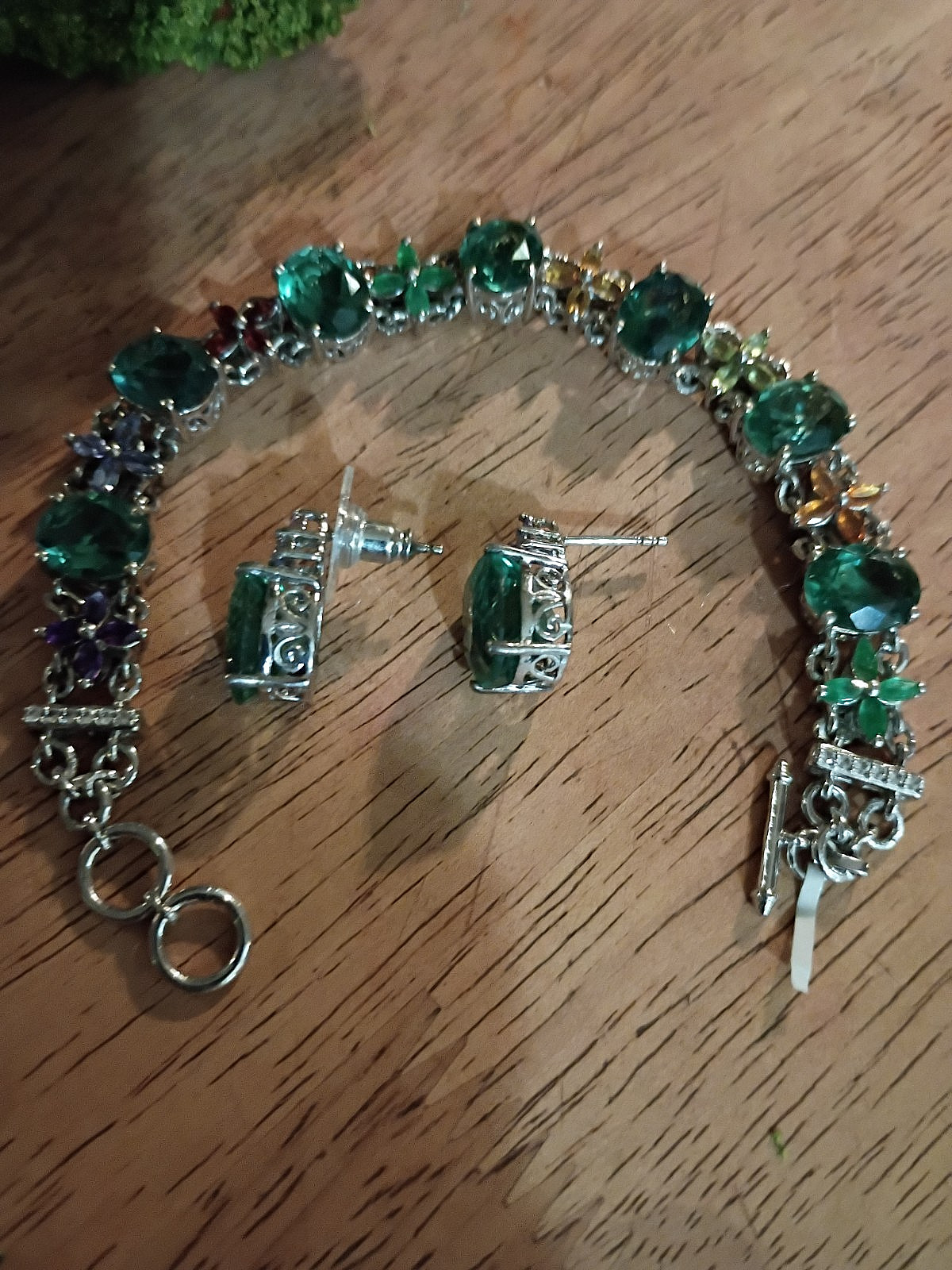 Sterling Silver 925 (STS) Teal Peacock Quartz Multi Gemstone Bracelet & Earrings