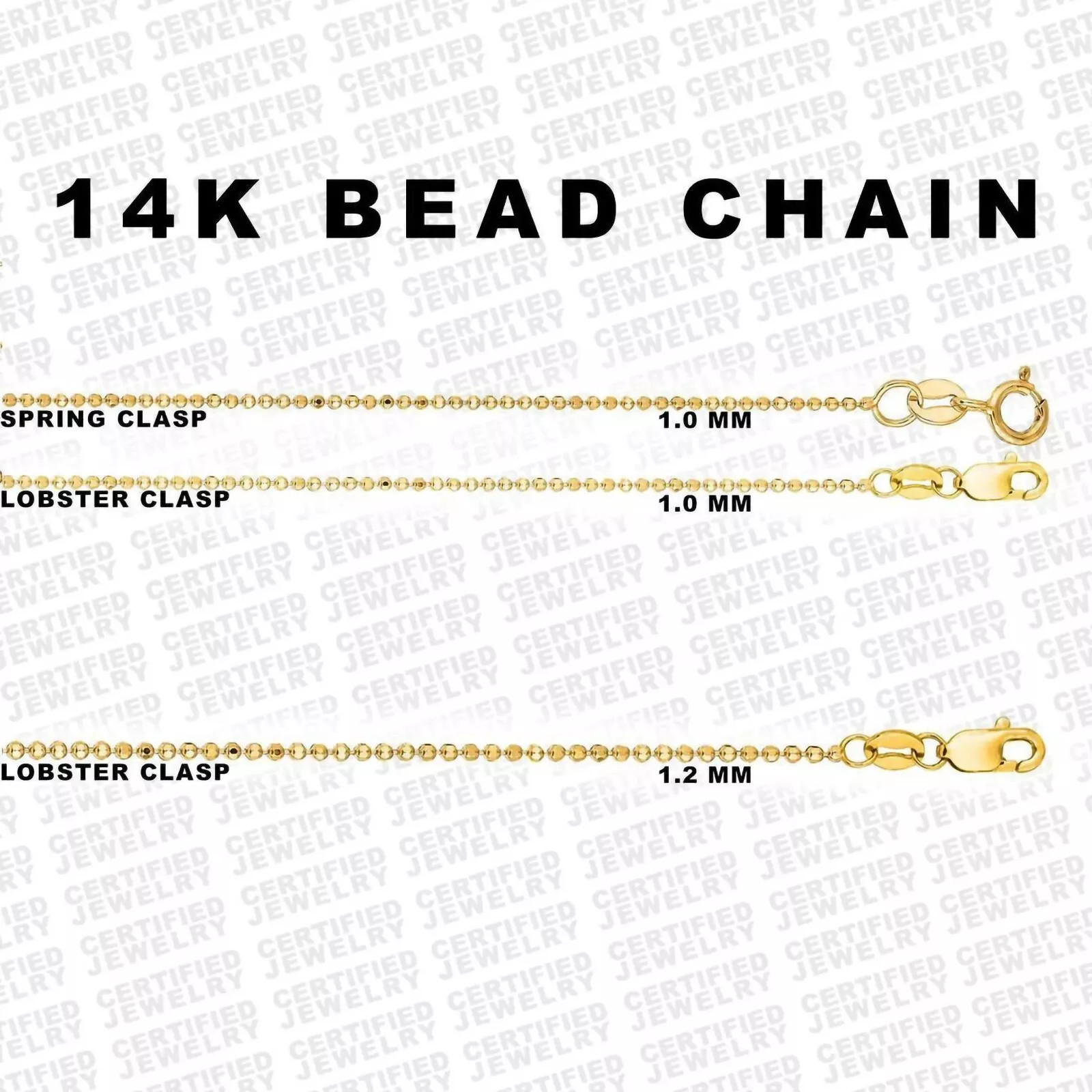 Solid 14K Gold Bead Chain Necklace 1.0mm- 2.5mm Wide