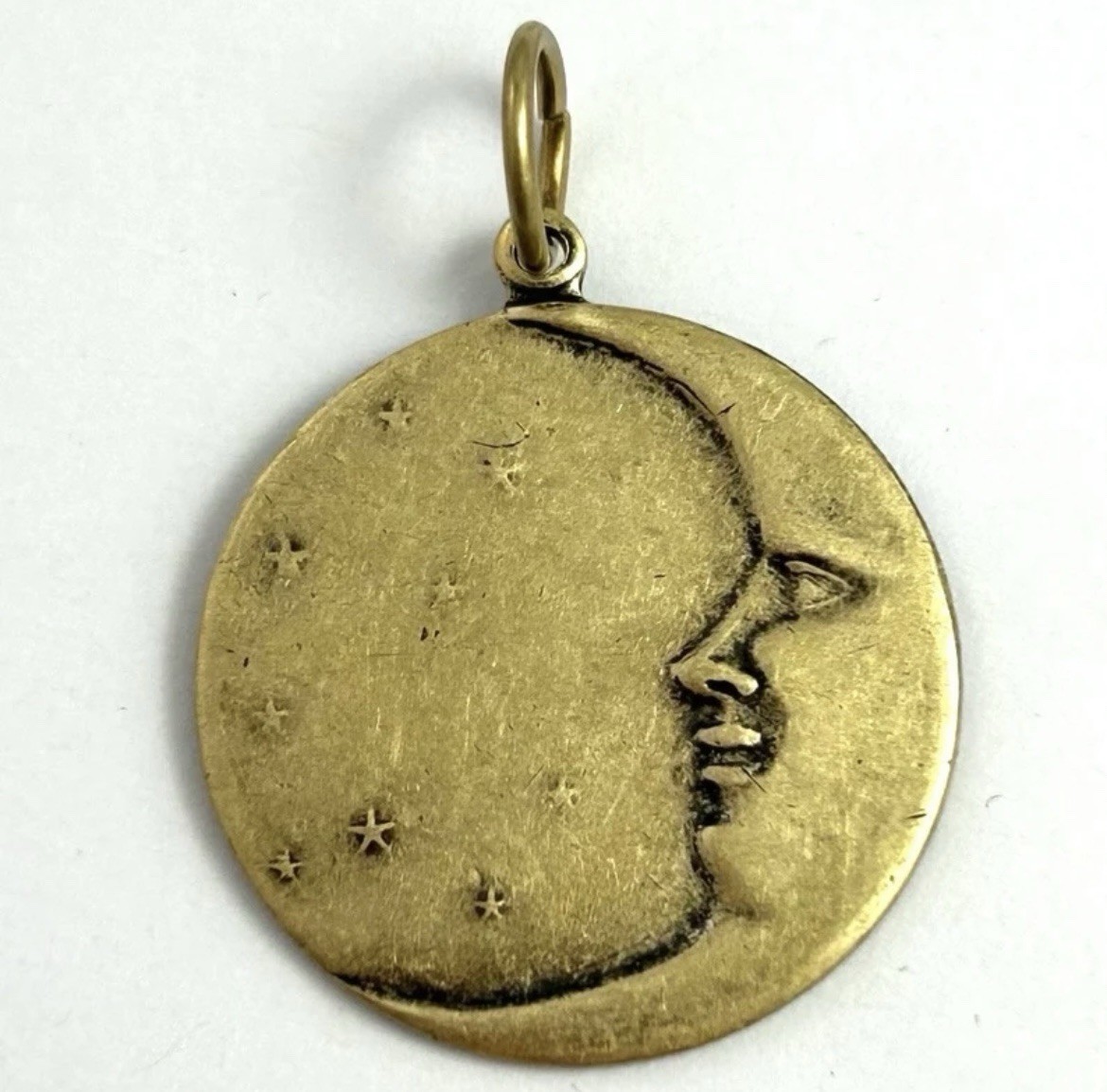 Moon Charm Pendant Antiqued Brass Metal Crescent Moon Face Stars Celestial