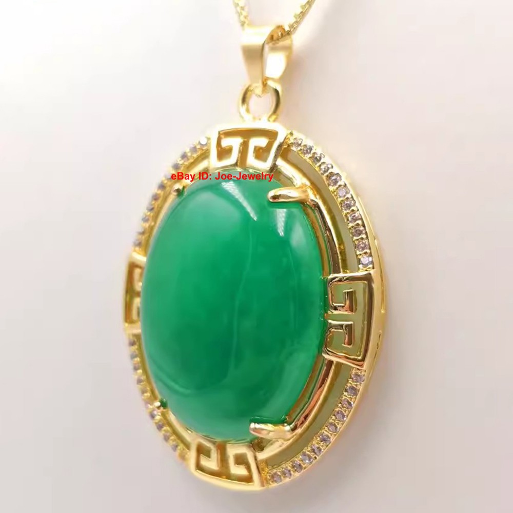 New Yellow Plated Alloy Heated Oval Green Jade Pendant 40mm H Bright
