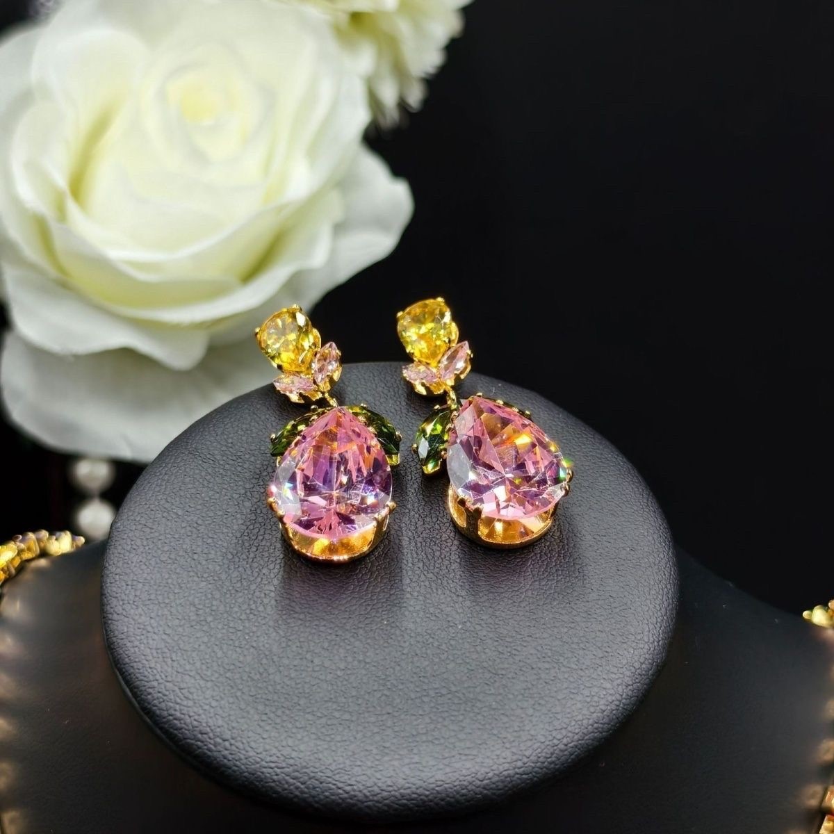 Multicolor Crystal Statement Necklace&Earrings Set Gold-Tone Floral Teardrop New
