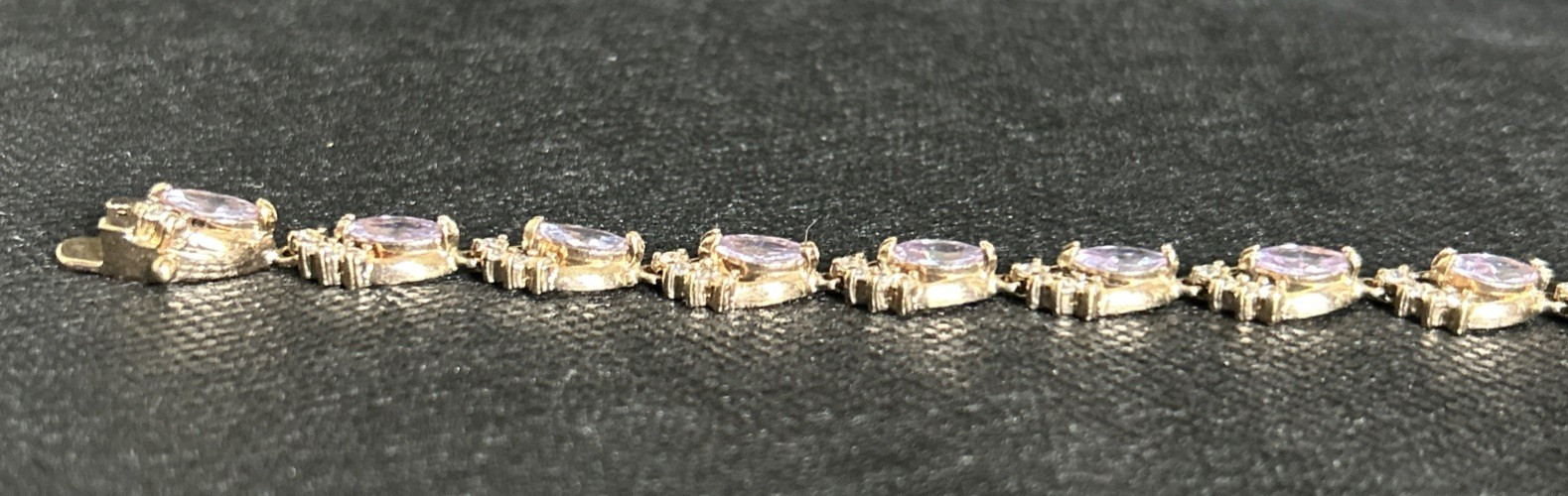 Gold Tone Brass Simulated Amethyst Marquise Rhinestone Tennis Bracelet 7 Inch