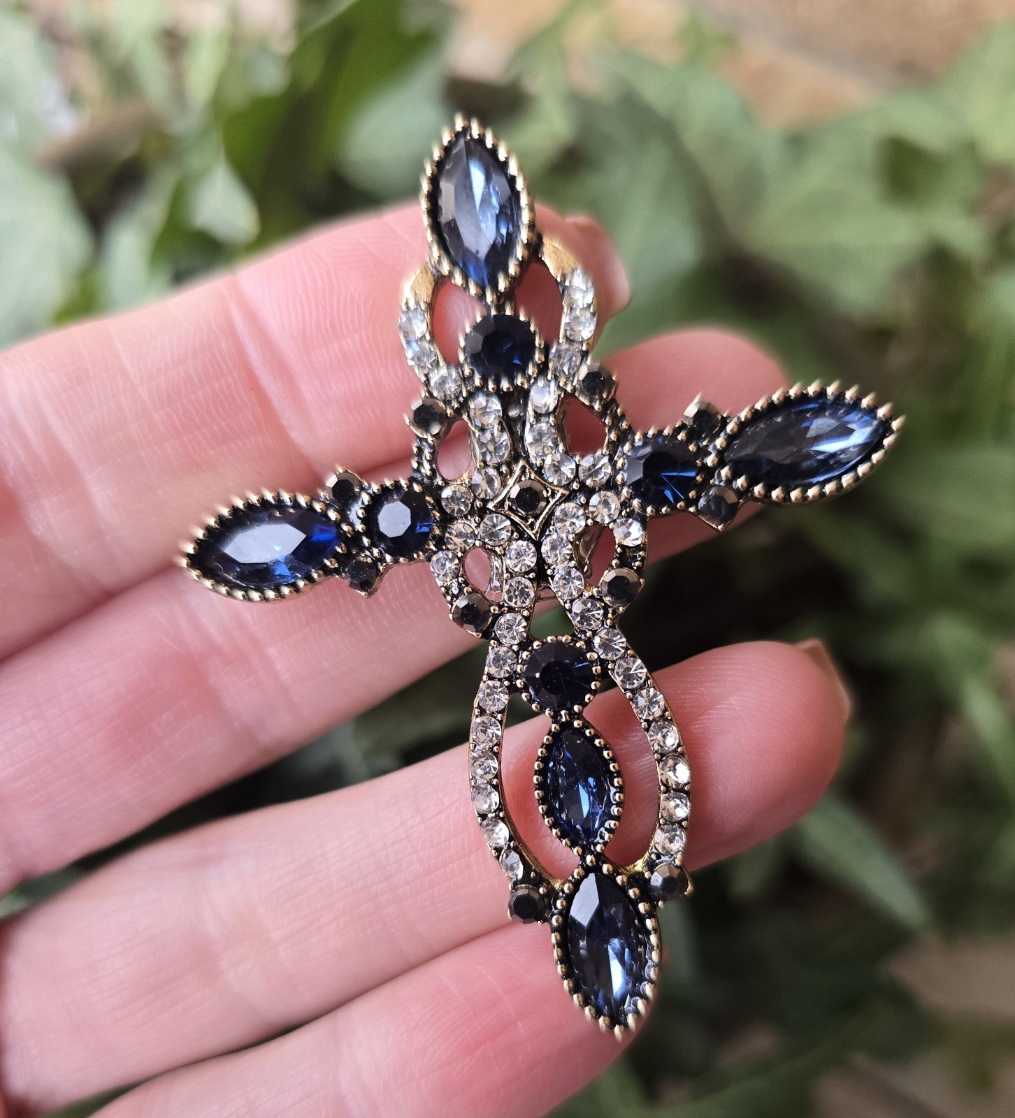 Blue Gold MAGNETIC Crystal Cross Brooch. Christmas brooch Easter brooch Pin Free