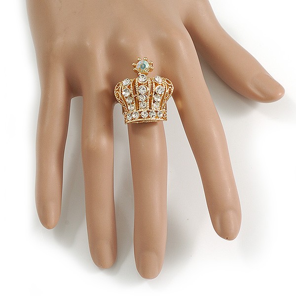 Clear Crystal Crown Cocktail Ring in Gold Tone – 30mm Tall – Size 7/8 Adjustable